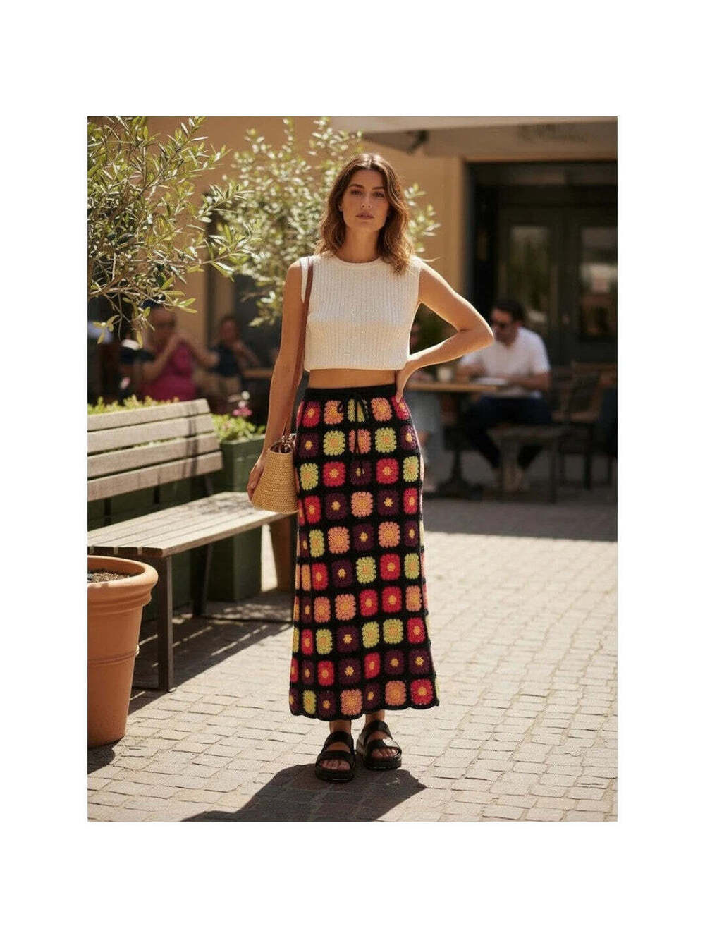 Multicolor Crochet Maxi Skirt with Square Pattern